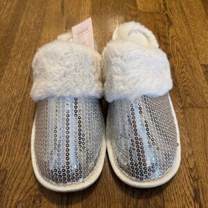 Auden Women's Size XL (11-12) Rae Sequin Faux Fur Slippers Silver - Brand New